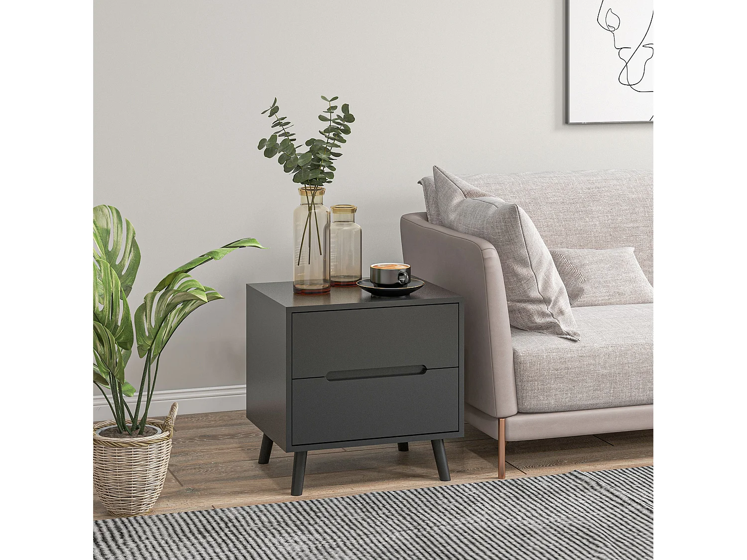 Chevet 2 tiroirs table de nuit style nordique dim. 50 x 40 x 50,5 cm noir