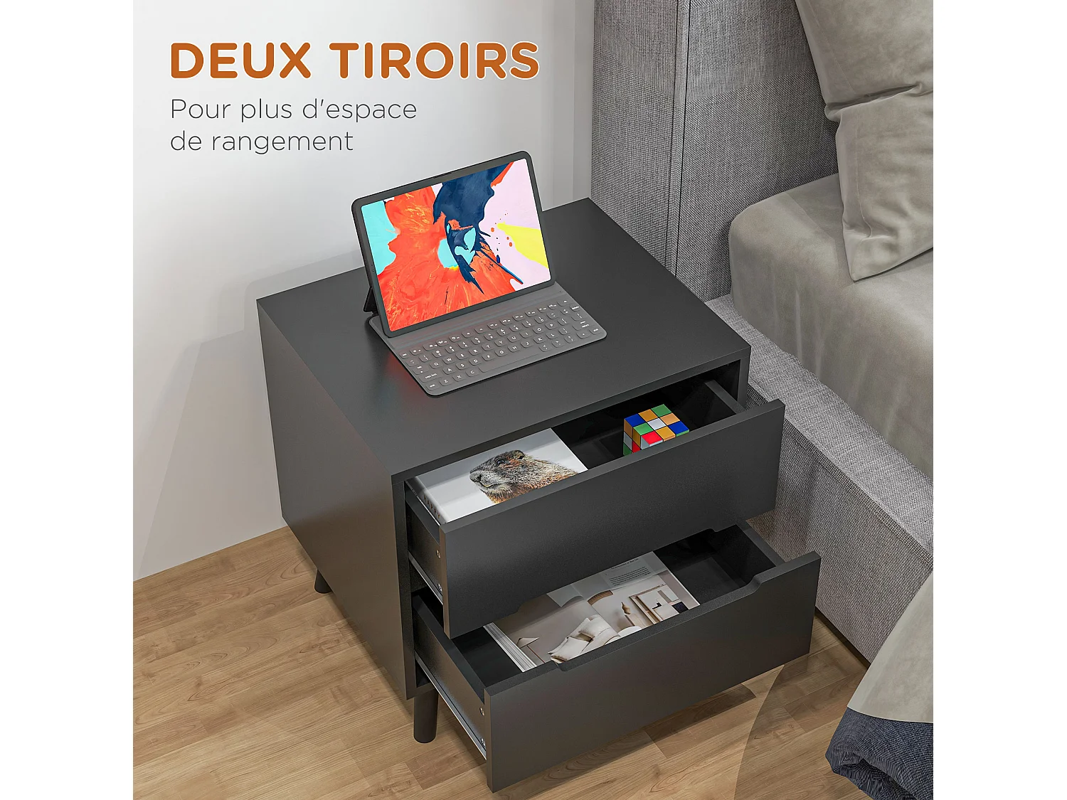 Chevet 2 tiroirs table de nuit style nordique dim. 50 x 40 x 50,5 cm noir