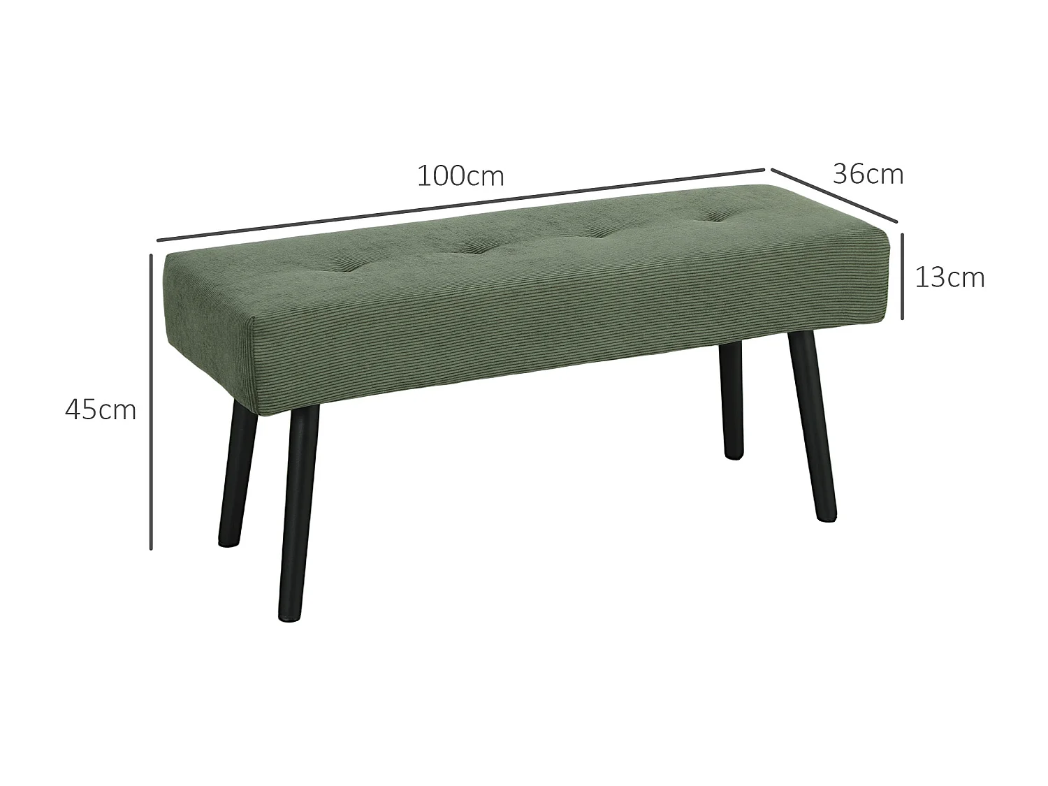 Banquette bout de lit velours côtelé design dim. 100 x 36 x 45 cm acier noir tissu vert
