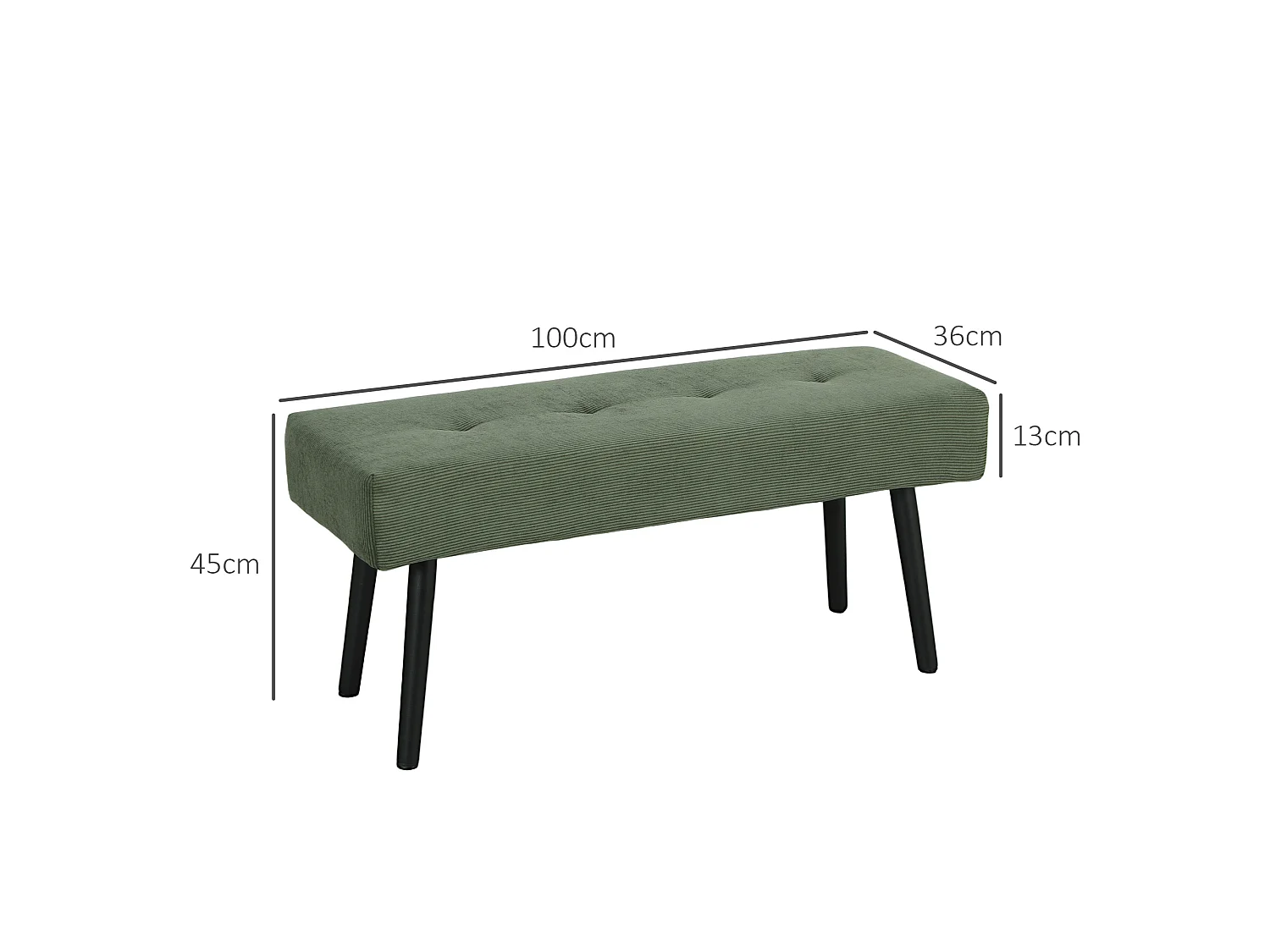 Banquette bout de lit velours côtelé design dim. 100 x 36 x 45 cm acier noir tissu vert