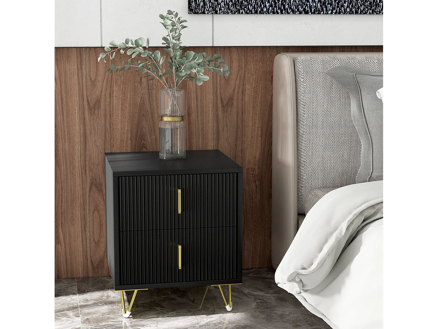Chevet table de nuit 2 tiroirs style art déco effet cannelé métal doré noir
