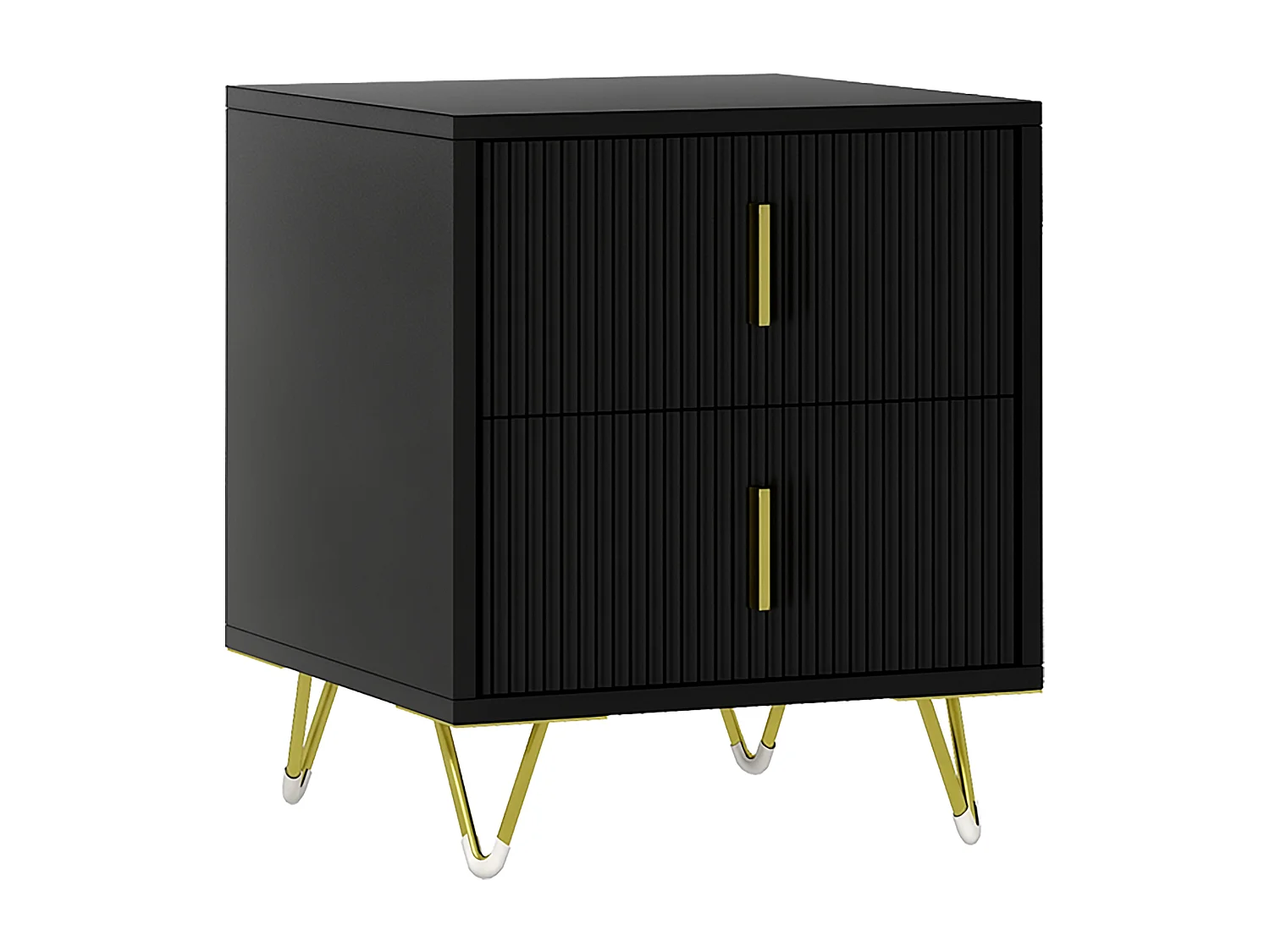 Chevet table de nuit 2 tiroirs style art déco effet cannelé métal doré noir