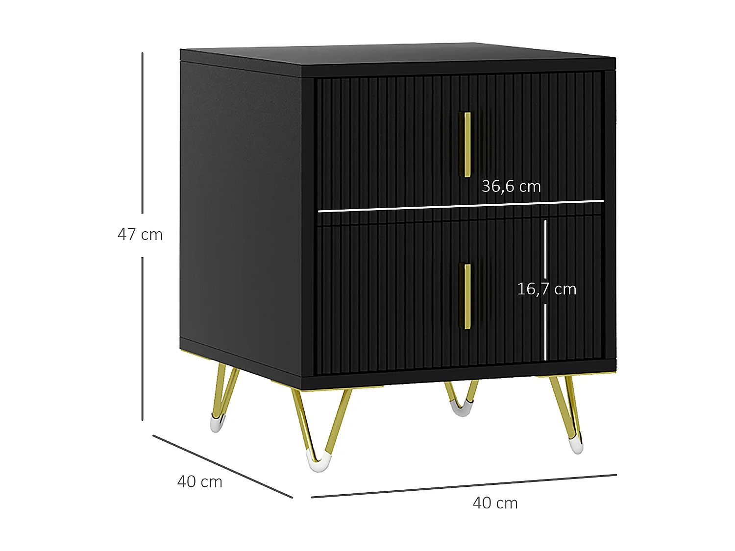 Chevet table de nuit 2 tiroirs style art déco effet cannelé métal doré noir