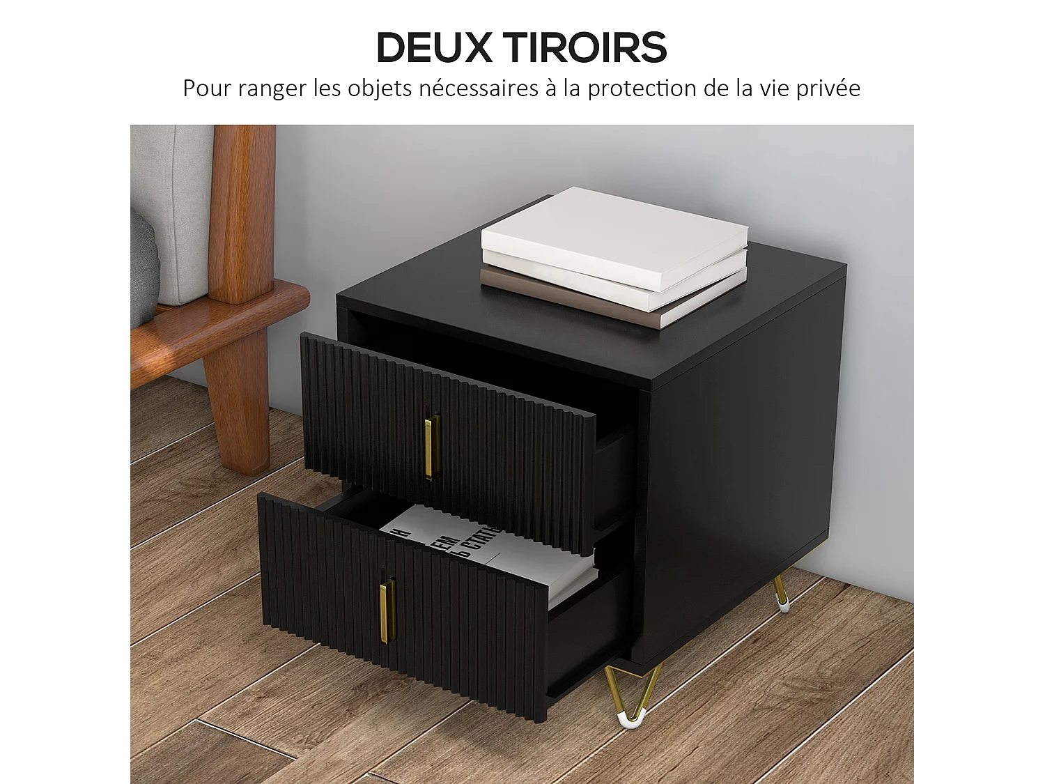 Chevet table de nuit 2 tiroirs style art déco effet cannelé métal doré noir