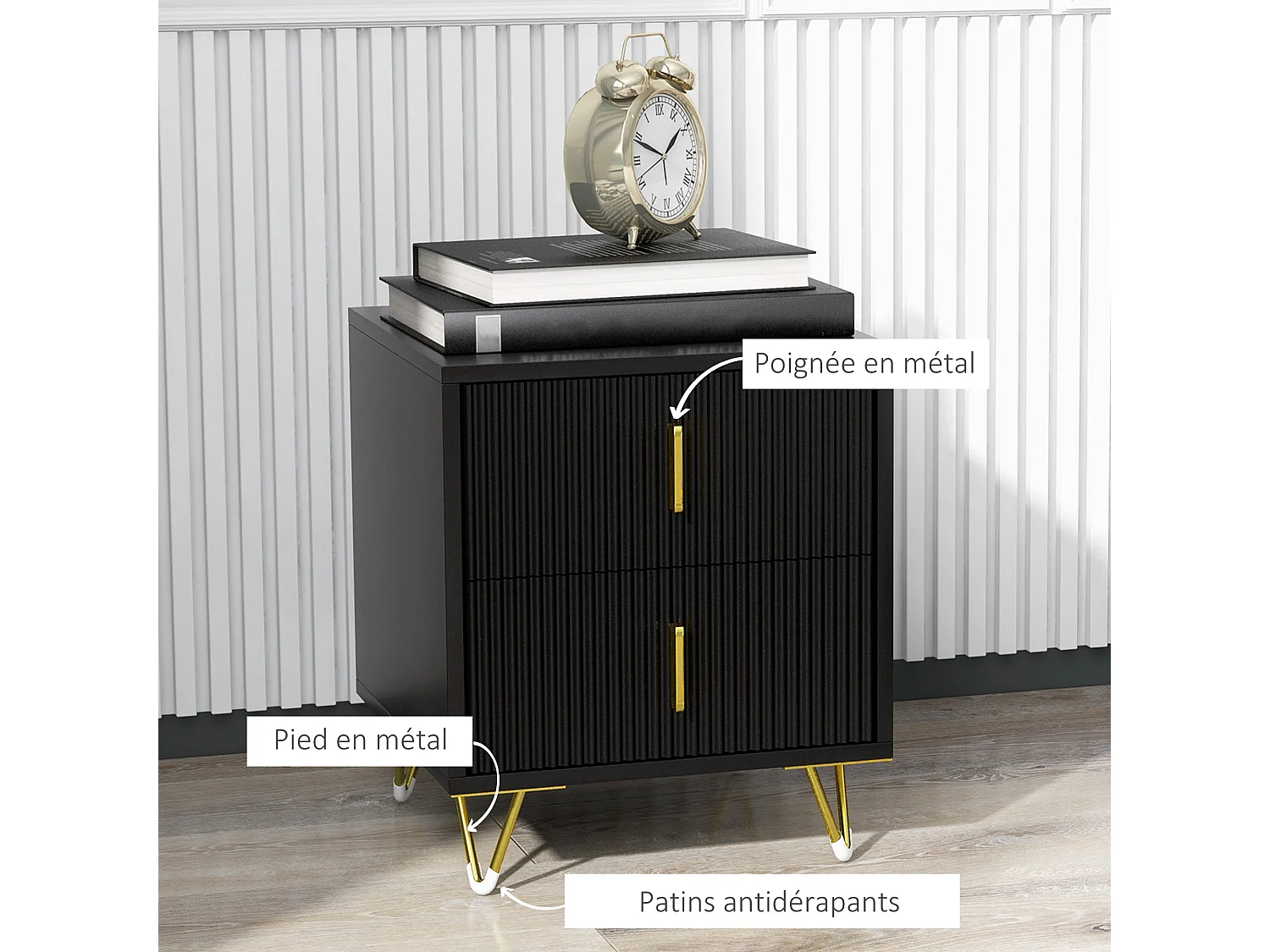 Chevet table de nuit 2 tiroirs style art déco effet cannelé métal doré noir