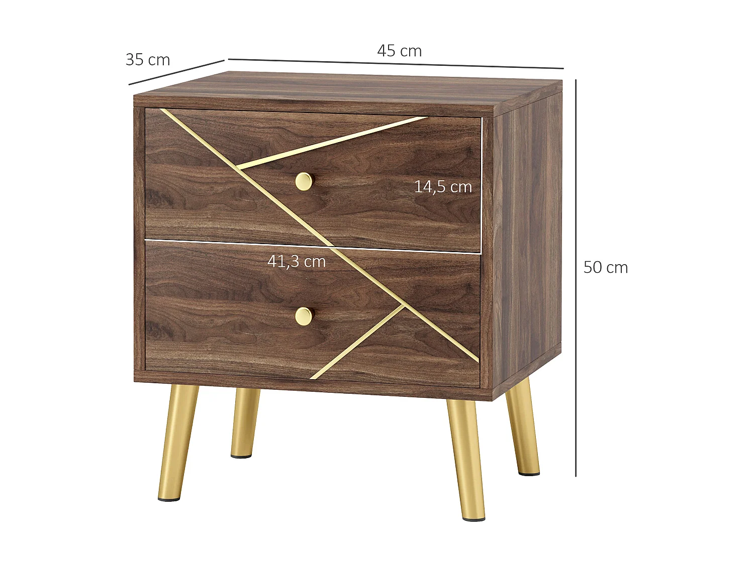 Table de chevet design 2 tiroirs piètement effilé incliné acier poignées boutons lignes dorées effet bois