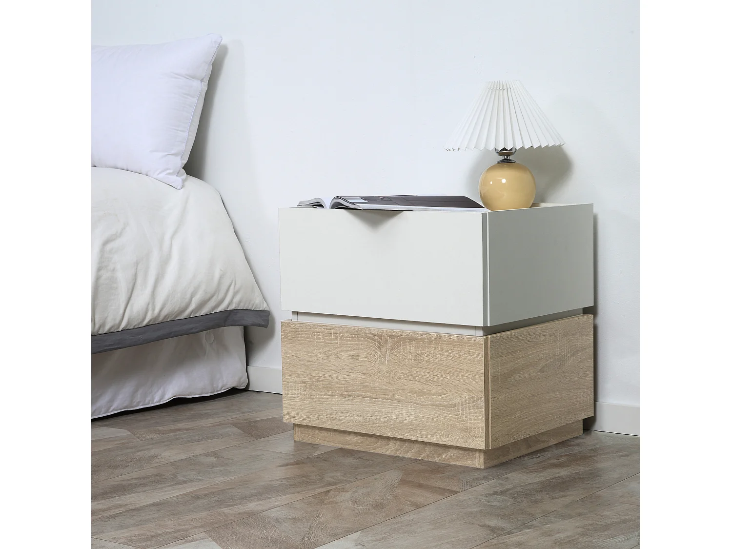 Chevet table de nuit modulable empilable - 2 tiroirs - dim. 50L x 40l x 47,5H cm - blanc aspect chêne clair