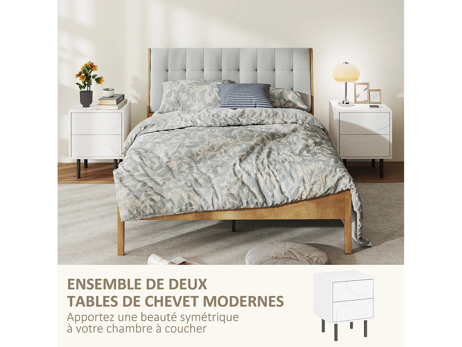 Table de chevet, table d'appoint avec 2 tiroirs, pieds en acier, 40 x 40 x 50 cm, blanc