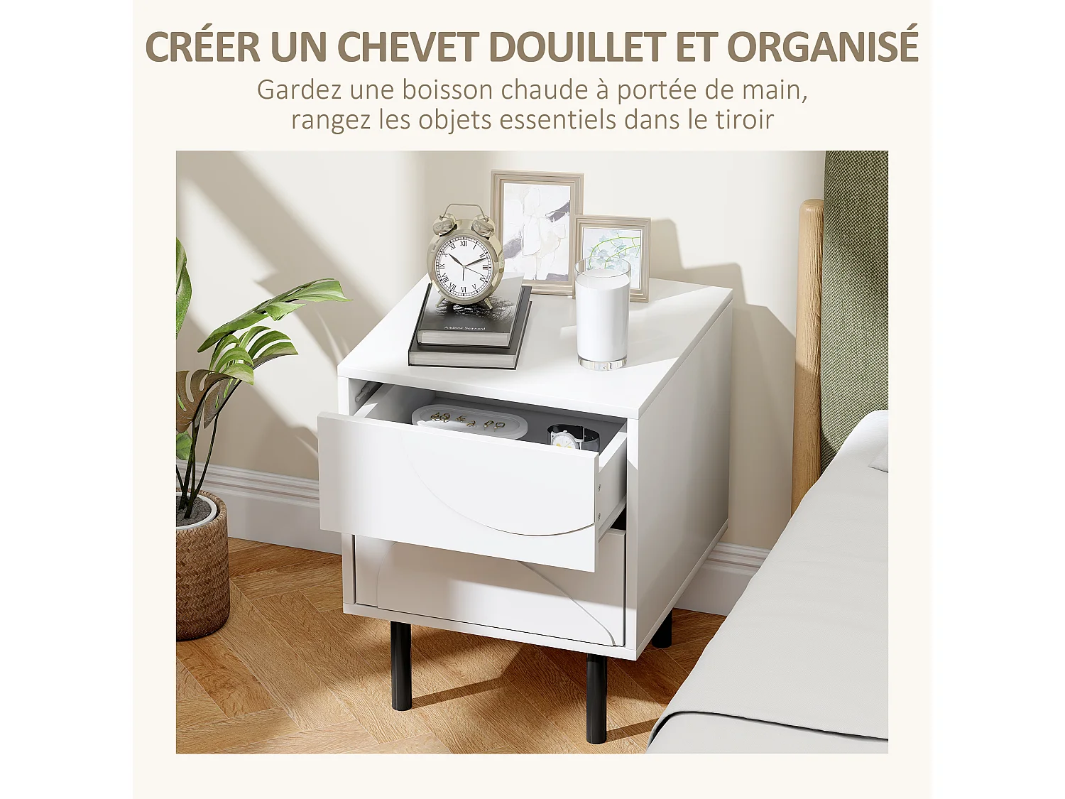 Table de chevet, table d'appoint avec 2 tiroirs, pieds en acier, 40 x 40 x 50 cm, blanc