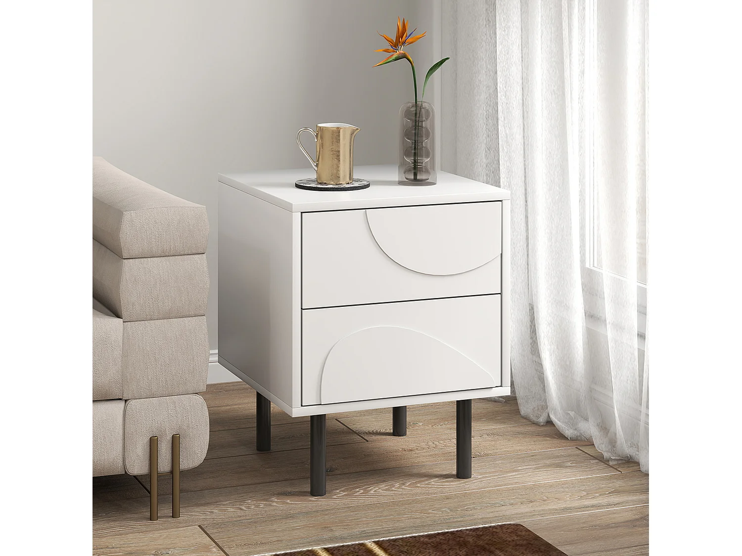 Table de chevet, table d'appoint avec 2 tiroirs, pieds en acier, 40 x 40 x 50 cm, blanc