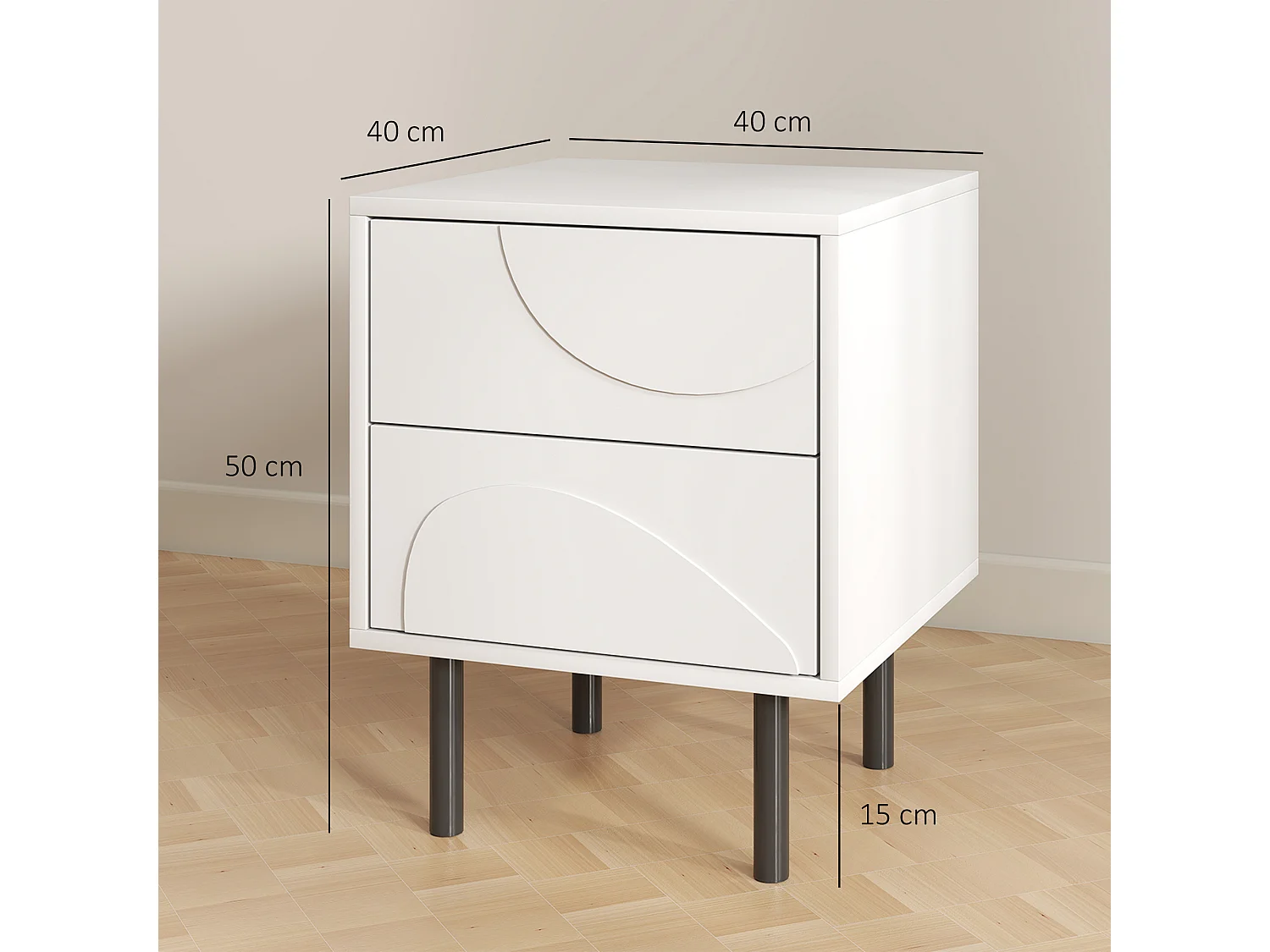 Table de chevet, table d'appoint avec 2 tiroirs, pieds en acier, 40 x 40 x 50 cm, blanc