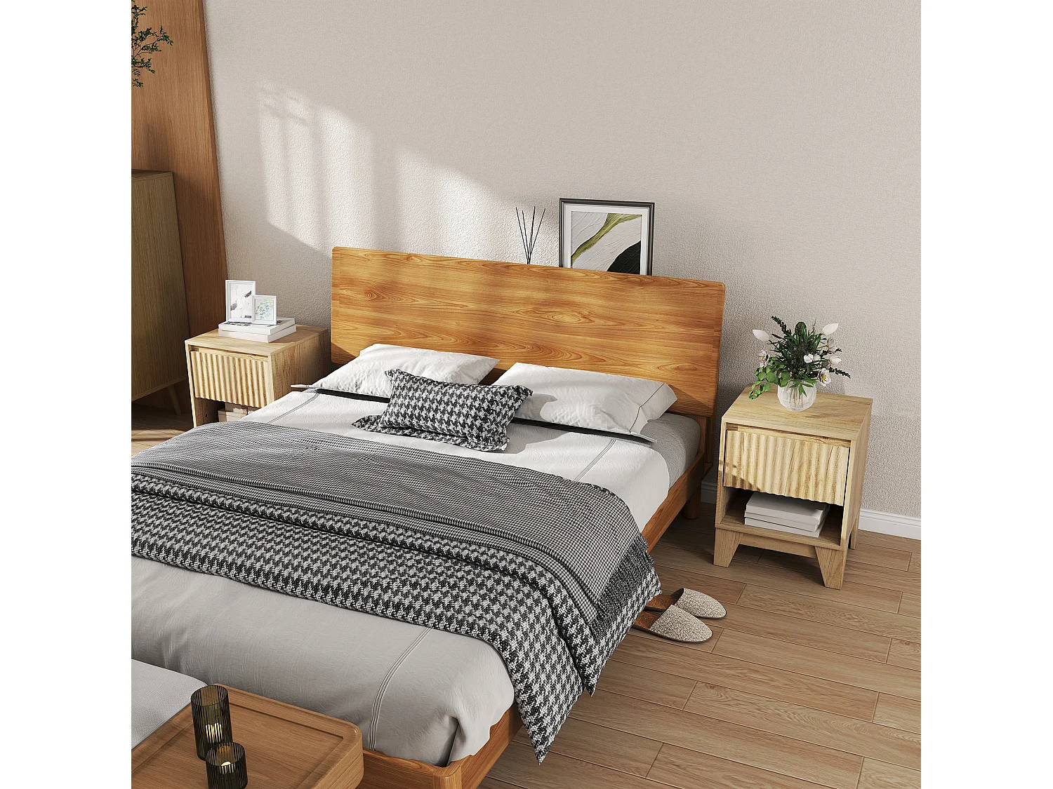 Lot de 2 chevets tables de nuit style bohème effet bois naturel aspect cannelé tiroir niche