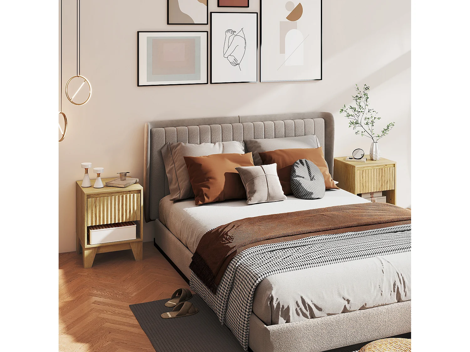 Lot de 2 chevets tables de nuit style bohème effet bois naturel aspect cannelé tiroir niche