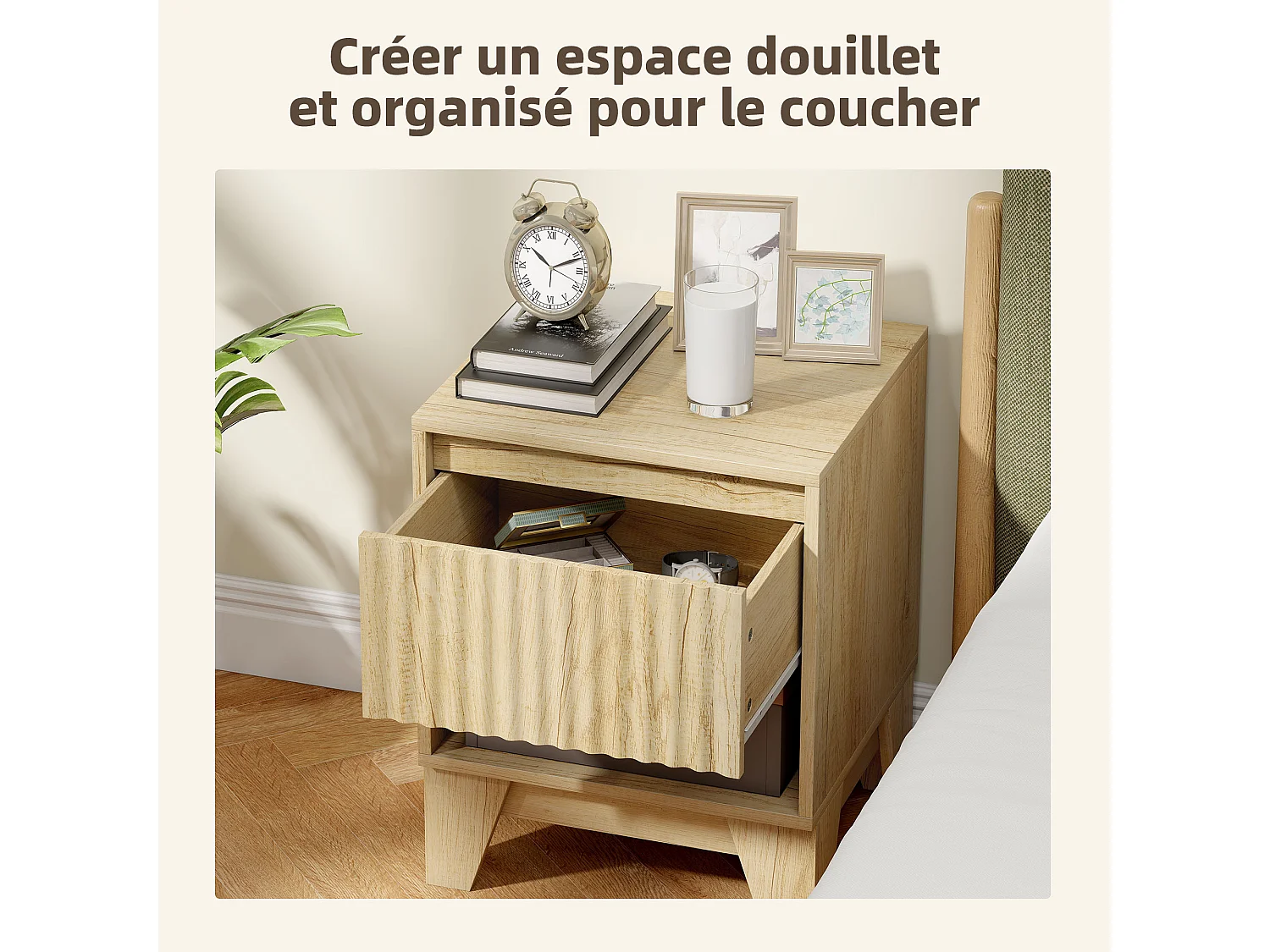Lot de 2 chevets tables de nuit style bohème effet bois naturel aspect cannelé tiroir niche