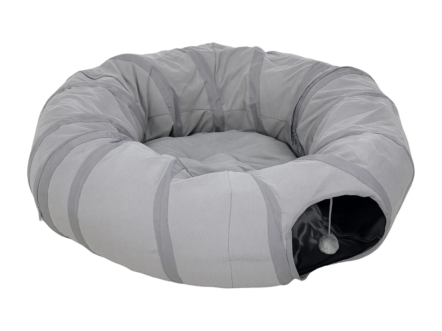 Tunnel pour chat intérieur - fonction lit pliable avec coussin et jeu balle suspendue - gris