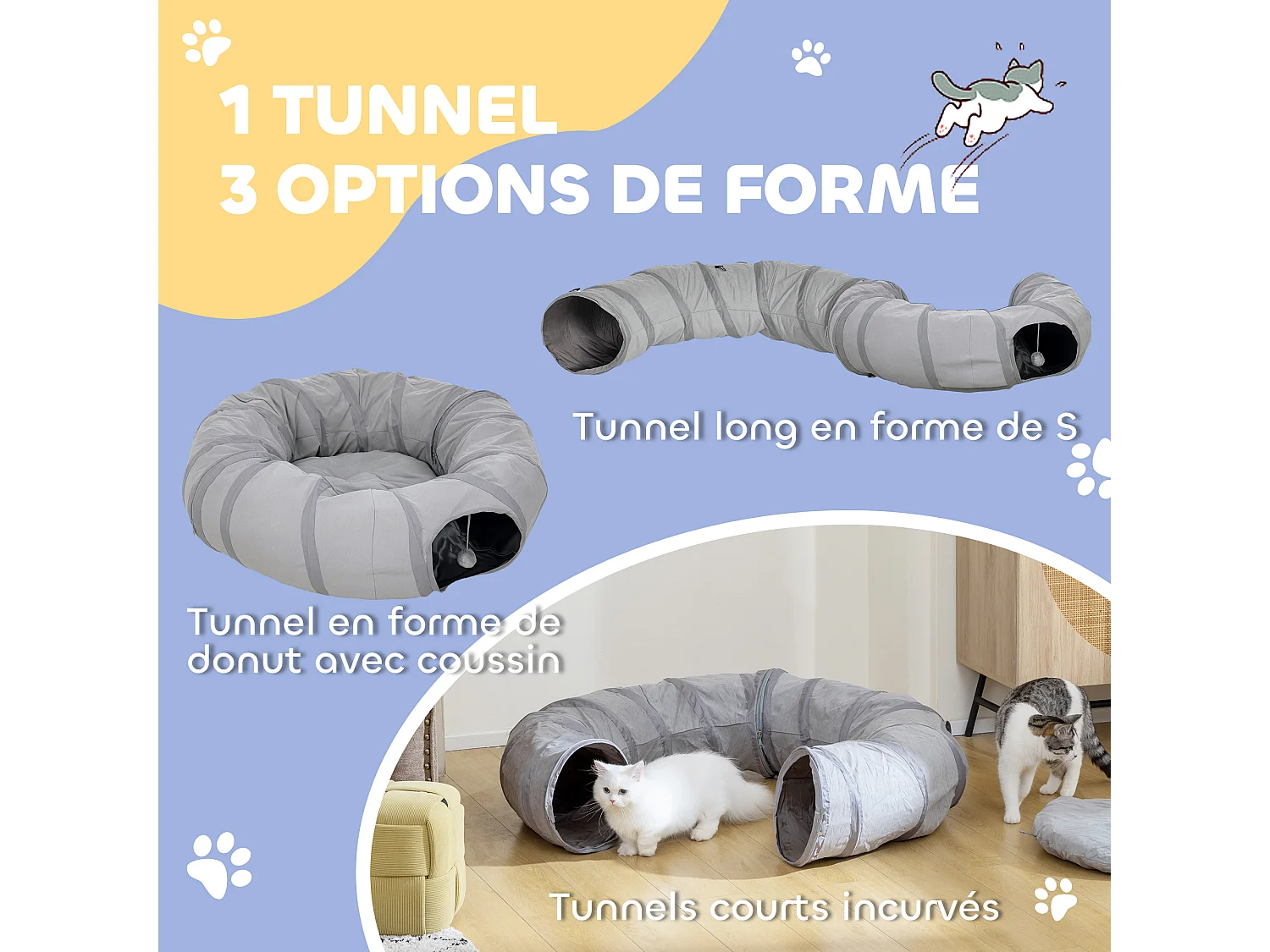 Tunnel pour chat intérieur - fonction lit pliable avec coussin et jeu balle suspendue - gris