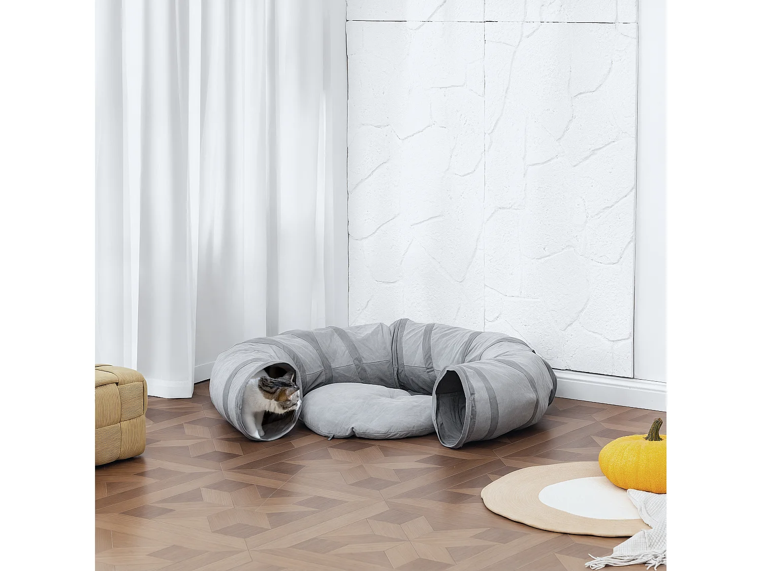 Tunnel pour chat intérieur - fonction lit pliable avec coussin et jeu balle suspendue - gris