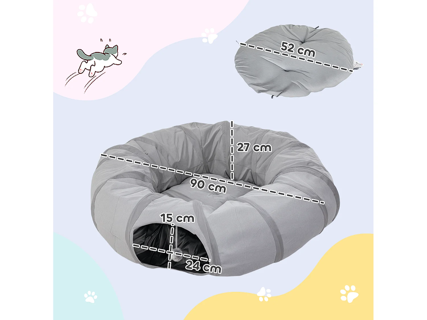 Tunnel pour chat intérieur - fonction lit pliable avec coussin et jeu balle suspendue - gris