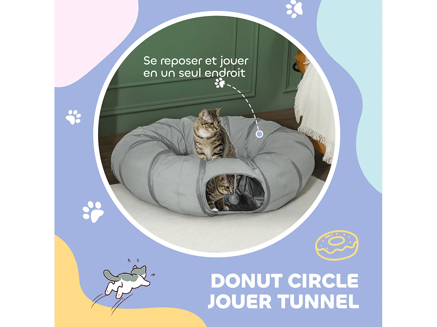 Tunnel pour chat intérieur - fonction lit pliable avec coussin et jeu balle suspendue - gris