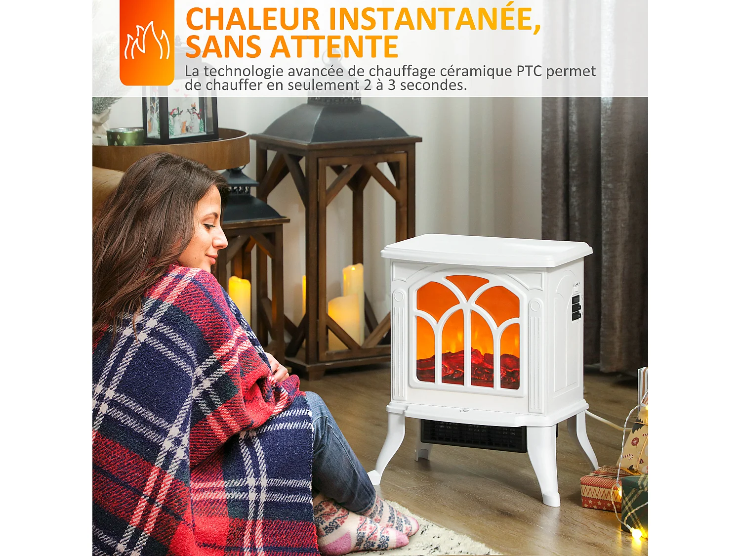 Cheminée électrique poêle style rétro thermostat 750-1500 W blanc