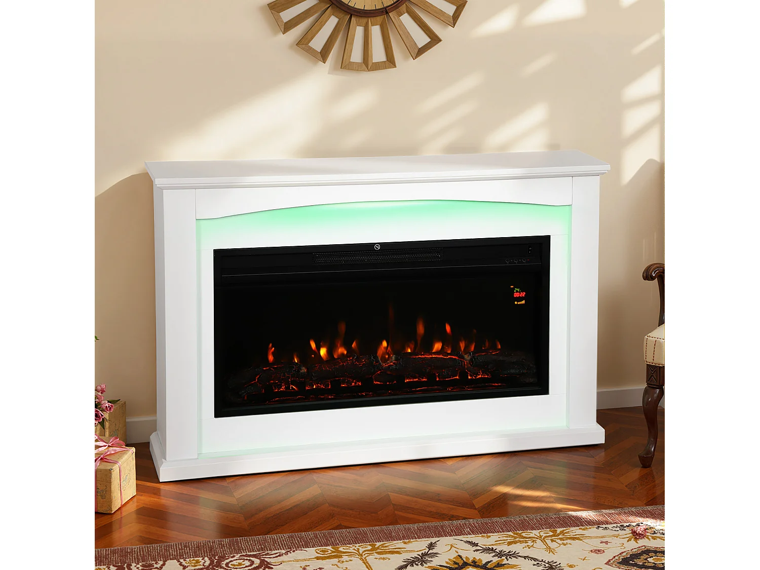 Cheminée électrique design LED multicolore grande taille 121 x 25 x 77 cm 2000W télécommande blanc