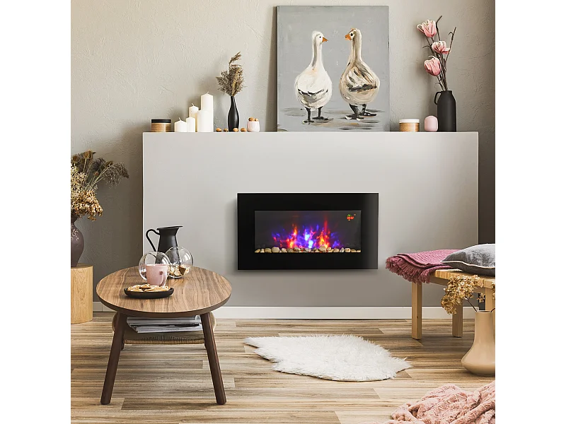 Cheminée électrique murale 1000/2000W effet flammes LED 7 couleurs réglables télécommande galets noir