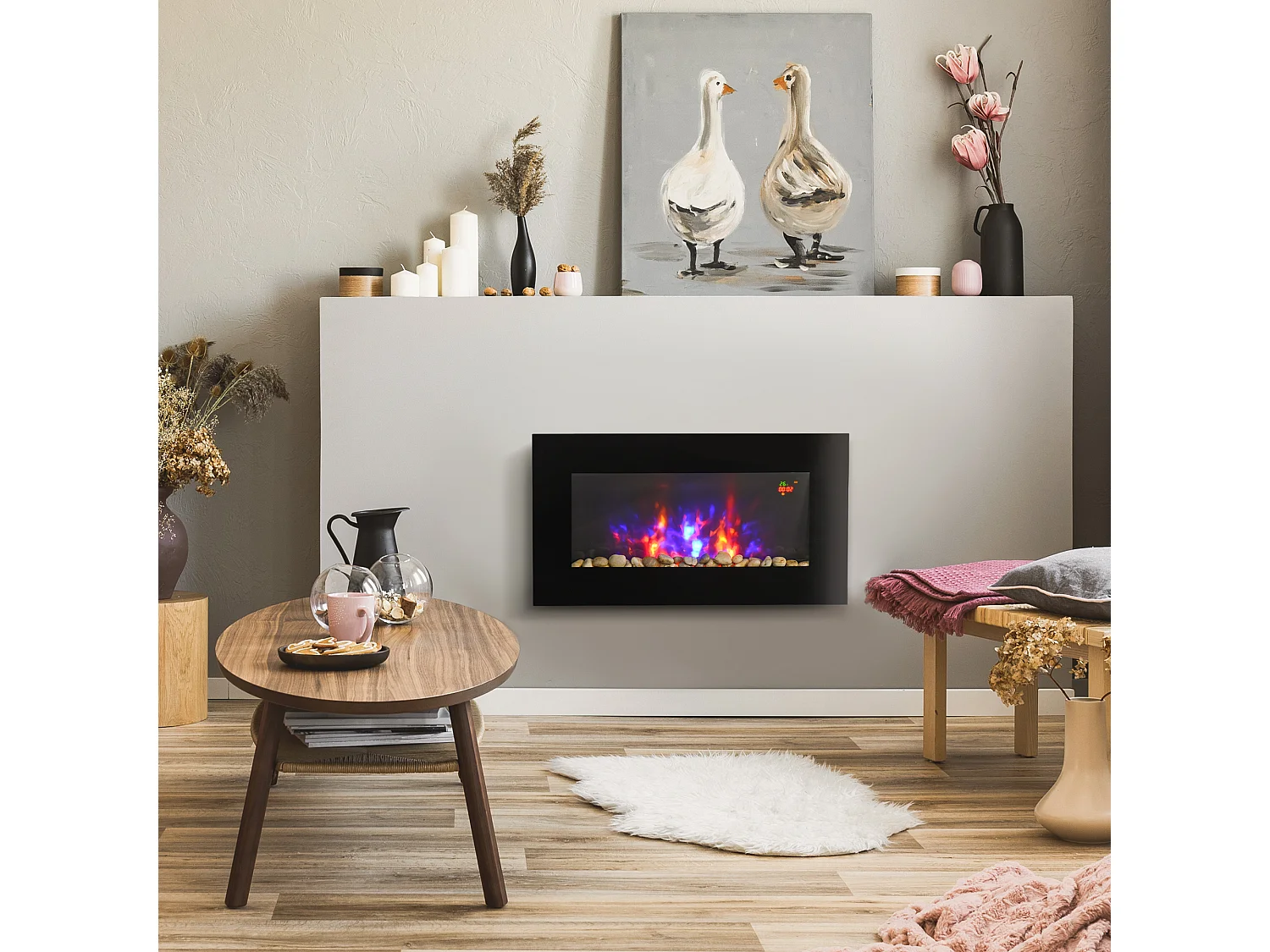 Cheminée électrique murale 1000/2000W effet flammes LED 7 couleurs réglables télécommande galets noir