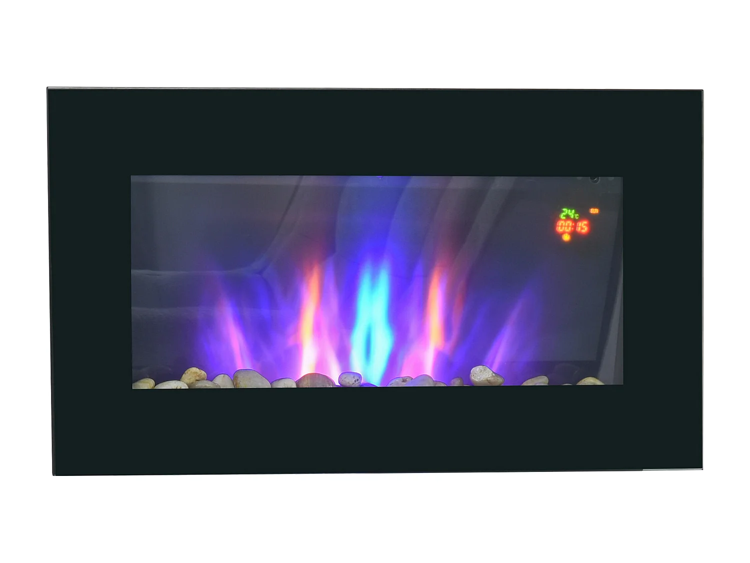 Cheminée électrique murale 1000/2000W effet flammes LED 7 couleurs réglables télécommande galets noir