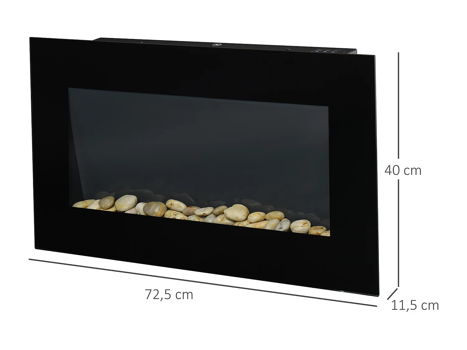 Cheminée électrique murale 1000/2000W effet flammes LED 7 couleurs réglables télécommande galets noir