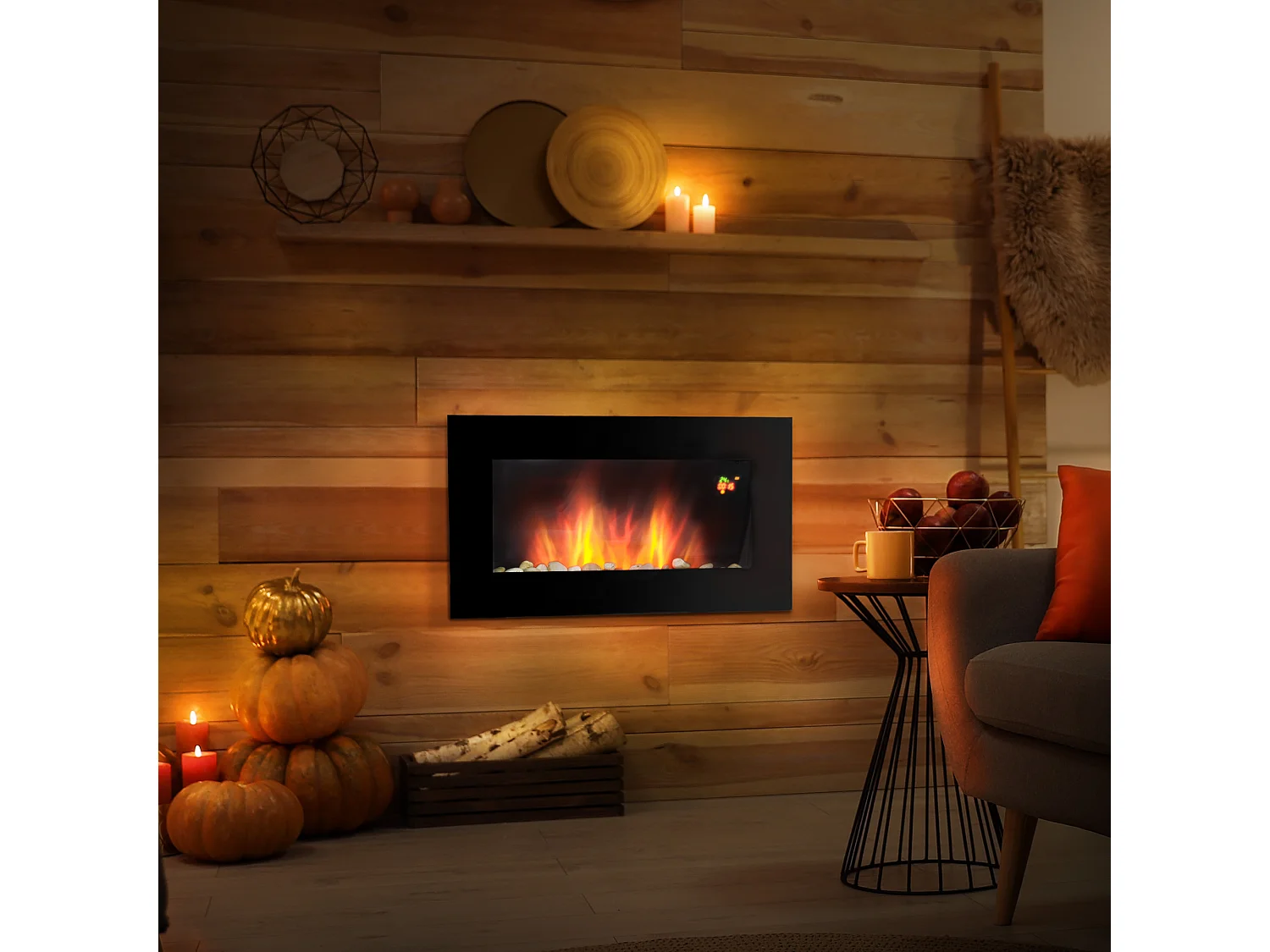 Cheminée électrique murale 1000/2000W effet flammes LED 7 couleurs réglables télécommande galets noir