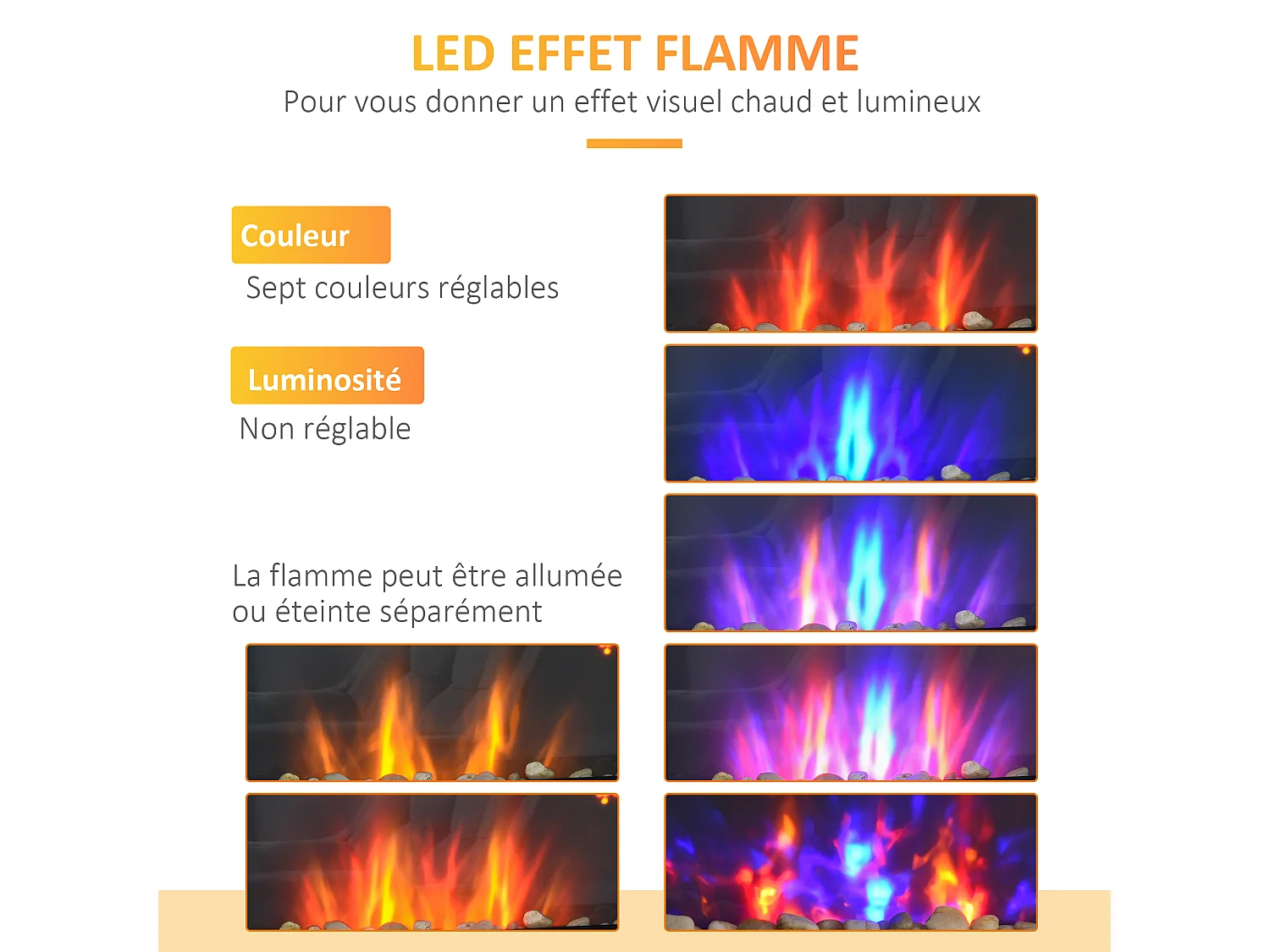 Cheminée électrique murale 1000/2000W effet flammes LED 7 couleurs réglables télécommande galets noir