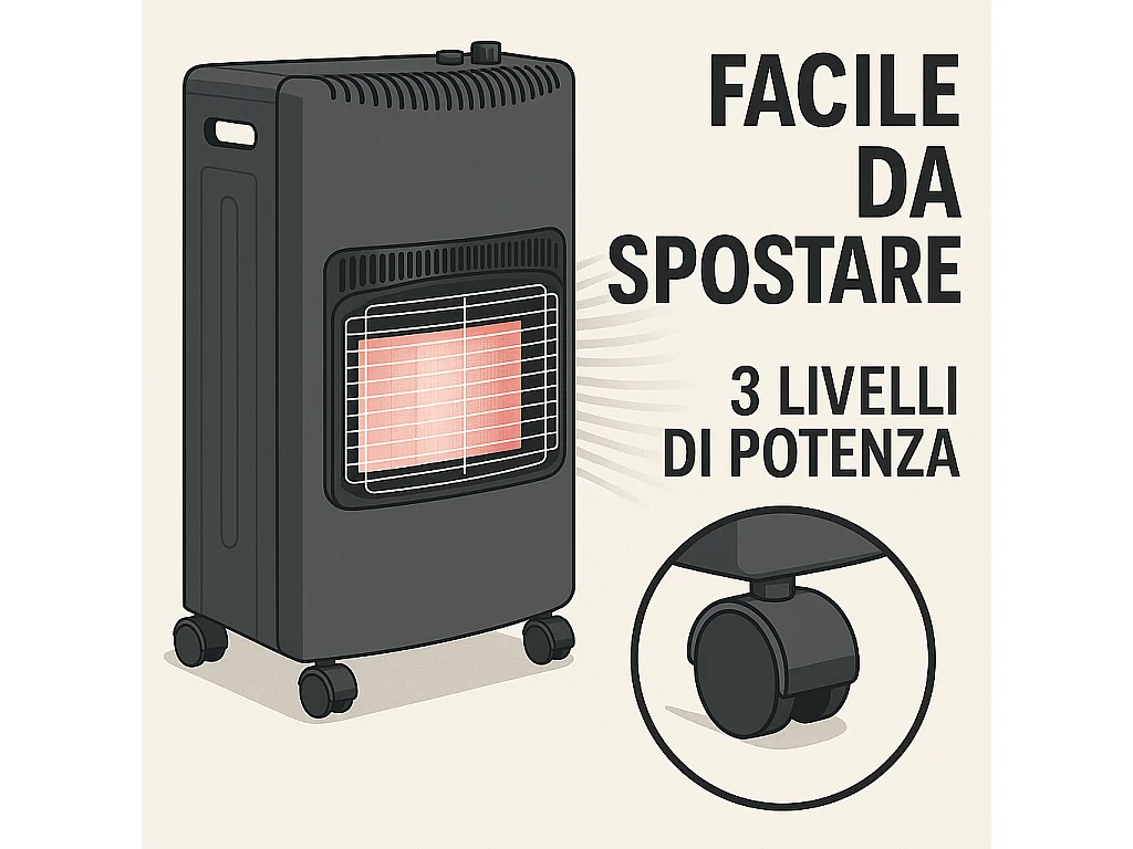 Stufa a Gas GPL 4,2 kW 3 Livelli Pannelli Infrarossi Accensione Piezoelettrica CE Sicurezza ODS Antiribaltamento Ruote Adatta fino 60m³ Bombole 15 kg