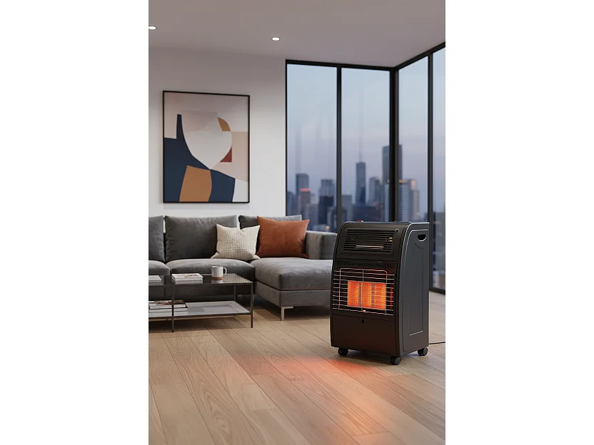 Stufa Catalitica a Gas GPL 4200 W Con Infrarossi Ventilata Turbo 1500 W Ambienti Fino A 80 m² 3 Livelli di Potenza con Antiribaltamento Con Ruote Nero