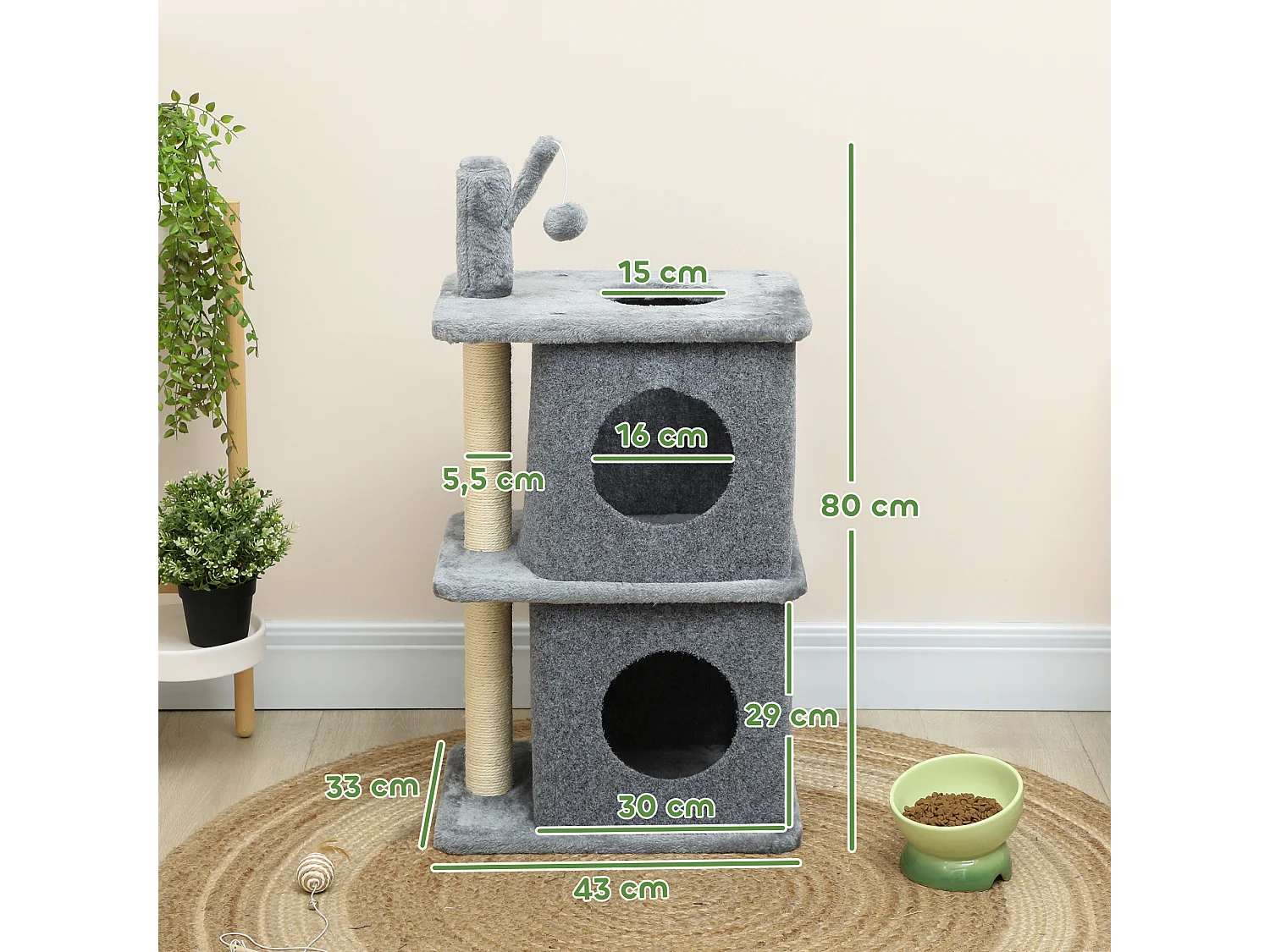 Arbre à chat à 3 niveaux hauteur 80 cm, tour pour chat avec 2 niches et surface de repos confortable