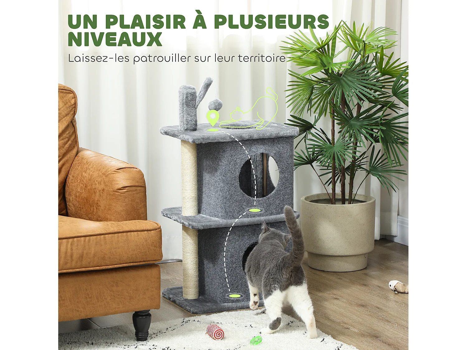 Arbre à chat à 3 niveaux hauteur 80 cm, tour pour chat avec 2 niches et surface de repos confortable