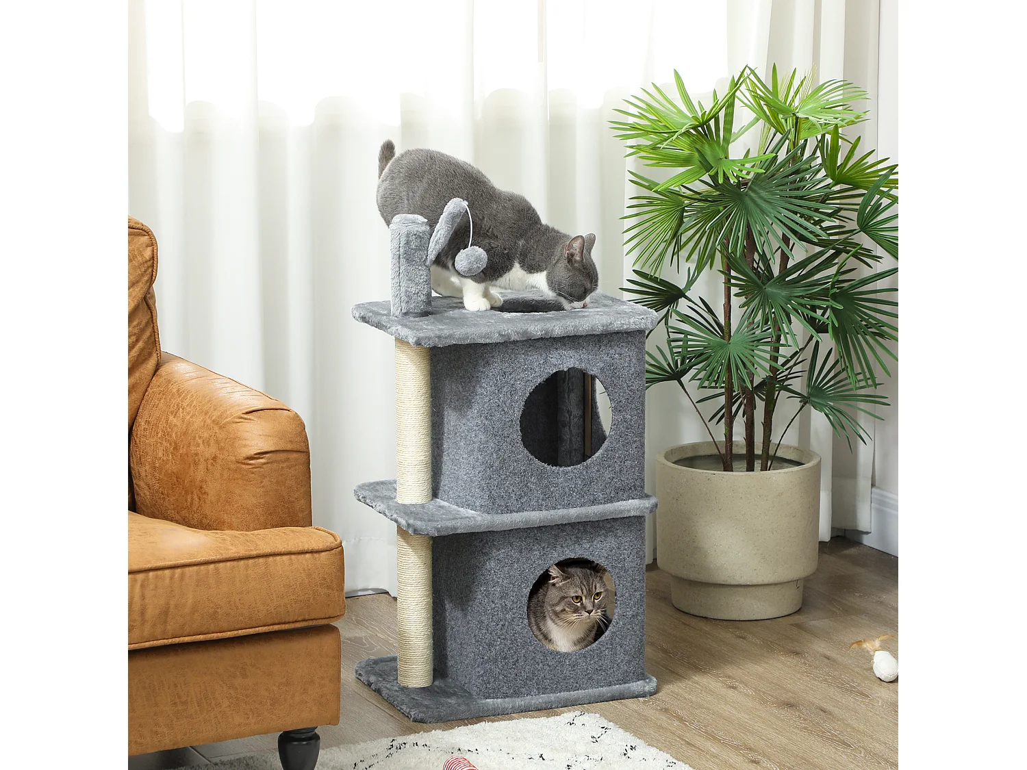 Arbre à chat à 3 niveaux hauteur 80 cm, tour pour chat avec 2 niches et surface de repos confortable