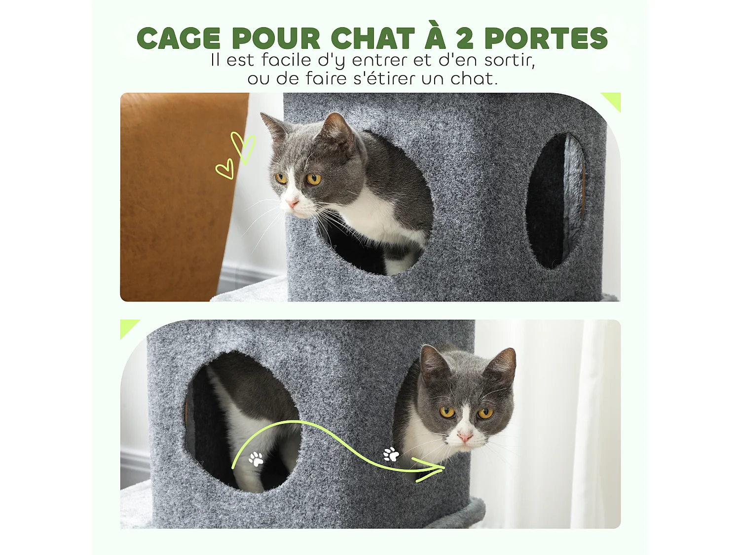 Arbre à chat à 3 niveaux hauteur 80 cm, tour pour chat avec 2 niches et surface de repos confortable