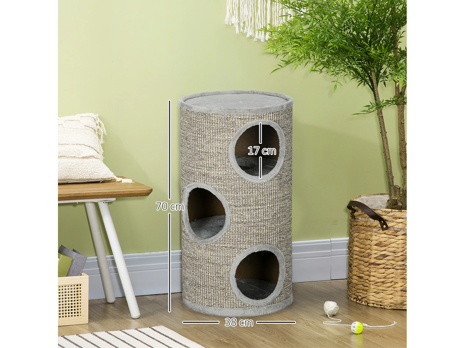 Arbre à chat cylindrique - tour à griffer pour chat - tonneau griffoir - 3 niveaux + plateforme - sisal peluche gris clair
