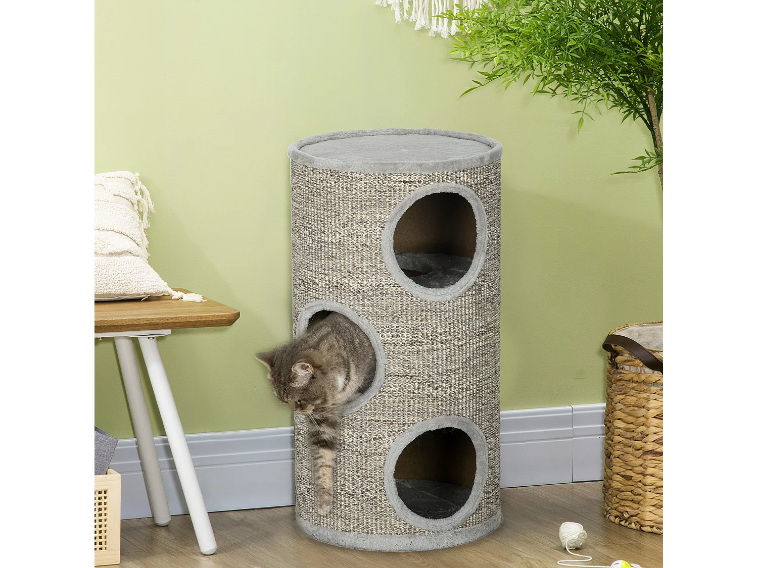 Arbre à chat cylindrique - tour à griffer pour chat - tonneau griffoir - 3 niveaux + plateforme - sisal peluche gris clair