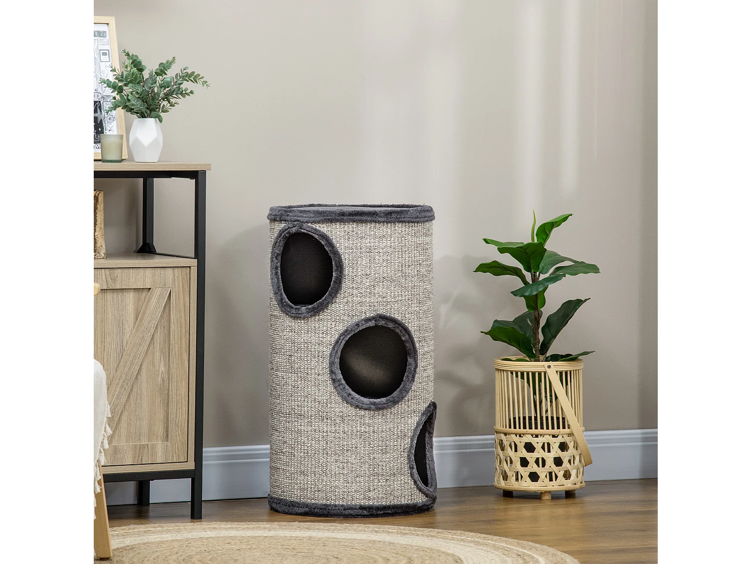 Arbre à chat cylindrique - tour à griffer pour chat - tonneau griffoir - 3 niveaux + plateforme - sisal peluche anthracite