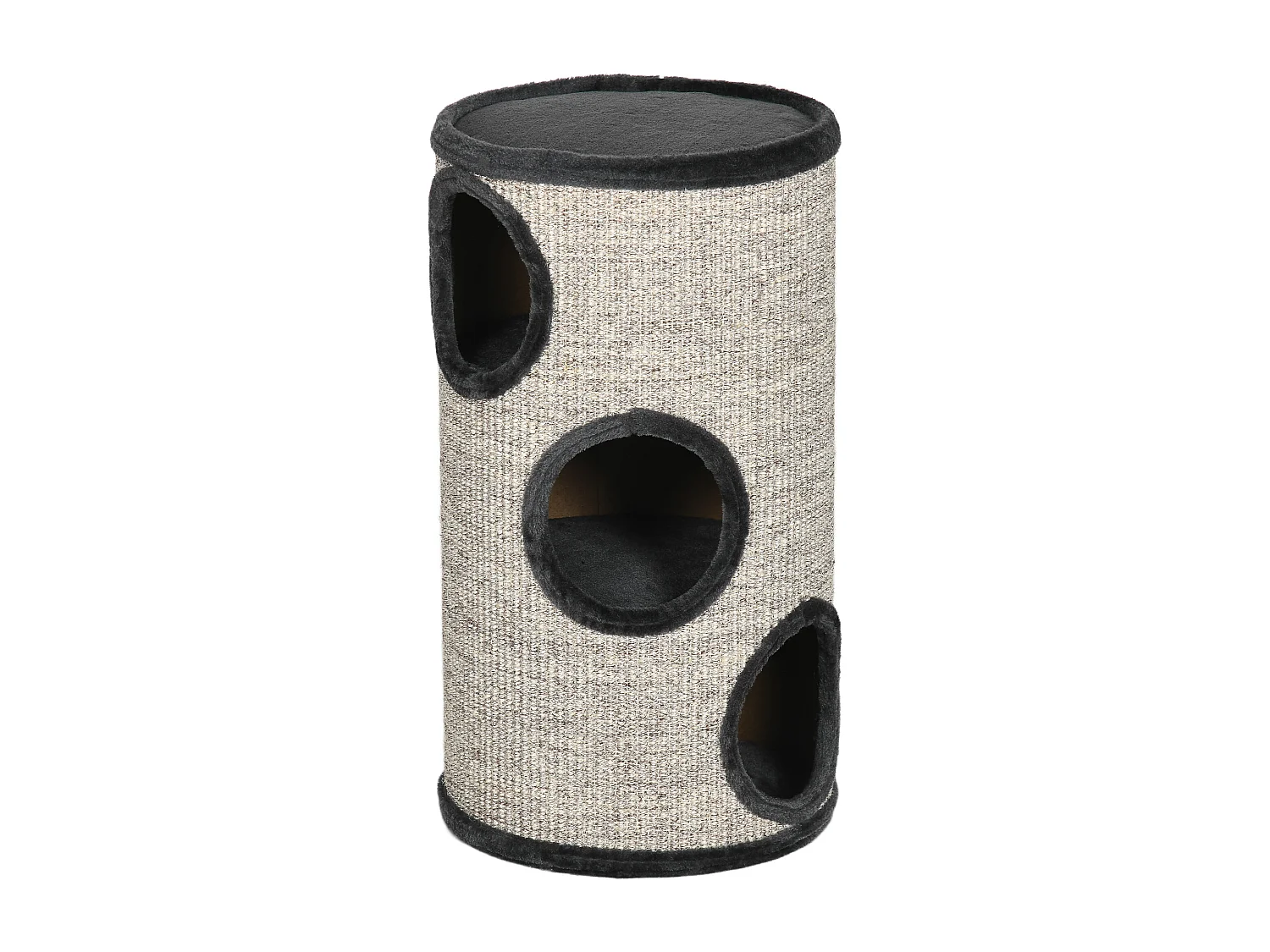 Arbre à chat cylindrique - tour à griffer pour chat - tonneau griffoir - 3 niveaux + plateforme - sisal peluche anthracite