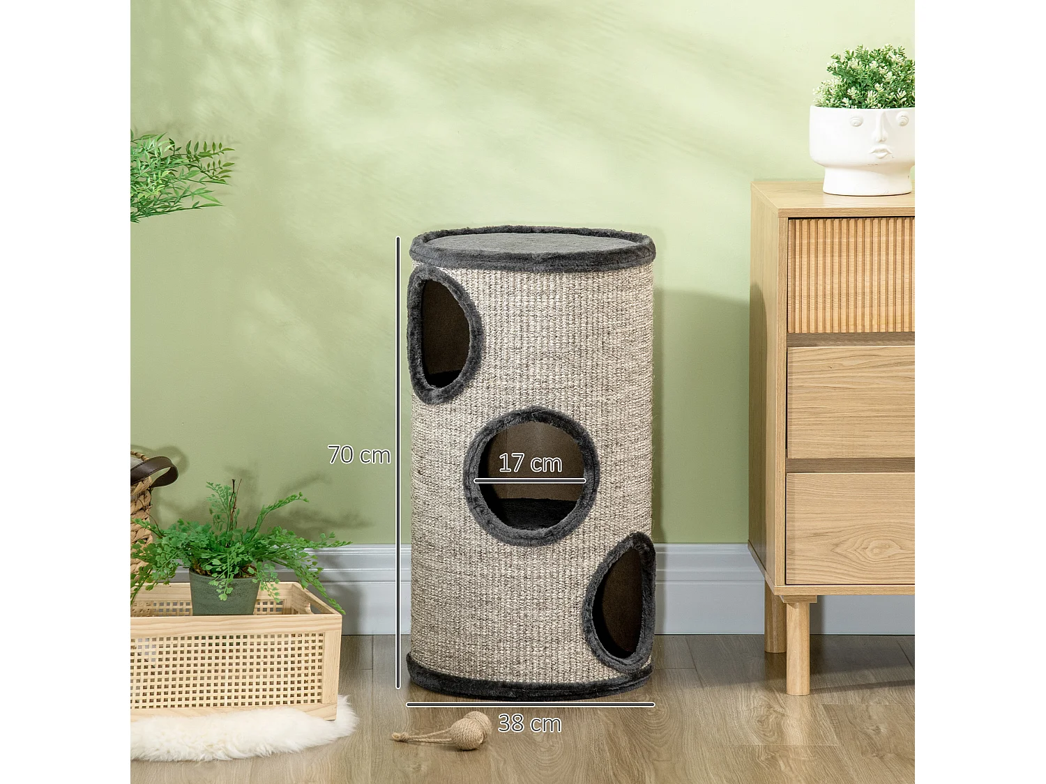 Arbre à chat cylindrique - tour à griffer pour chat - tonneau griffoir - 3 niveaux + plateforme - sisal peluche anthracite