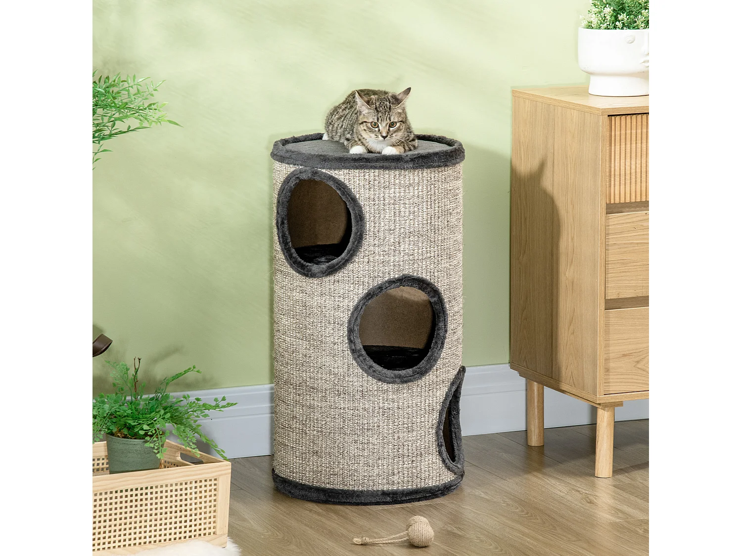 Arbre à chat cylindrique - tour à griffer pour chat - tonneau griffoir - 3 niveaux + plateforme - sisal peluche anthracite