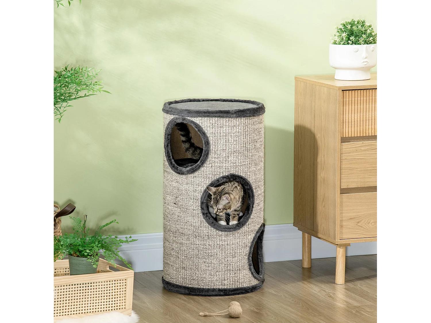 Arbre à chat cylindrique - tour à griffer pour chat - tonneau griffoir - 3 niveaux + plateforme - sisal peluche anthracite