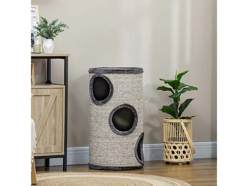 Arbre à chat cylindrique - tour à griffer pour chat - tonneau griffoir - 3 niveaux + plateforme - sisal peluche anthracite