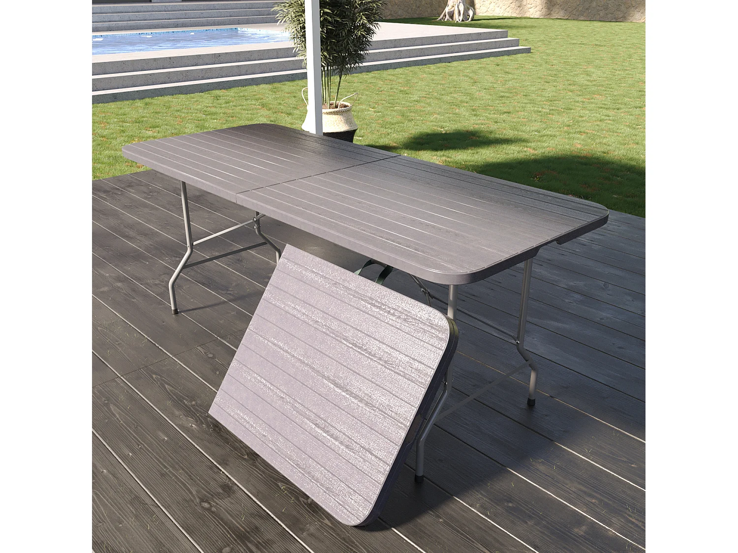 Tavolo Tavolino Pieghevole In Dura Resina Effetto Legno Set Birreria Facile Trasporto Con Maniglie Giardino Campeggio Terrazzo Fiere 180 x 74 x 74 cm Grigio Scuro