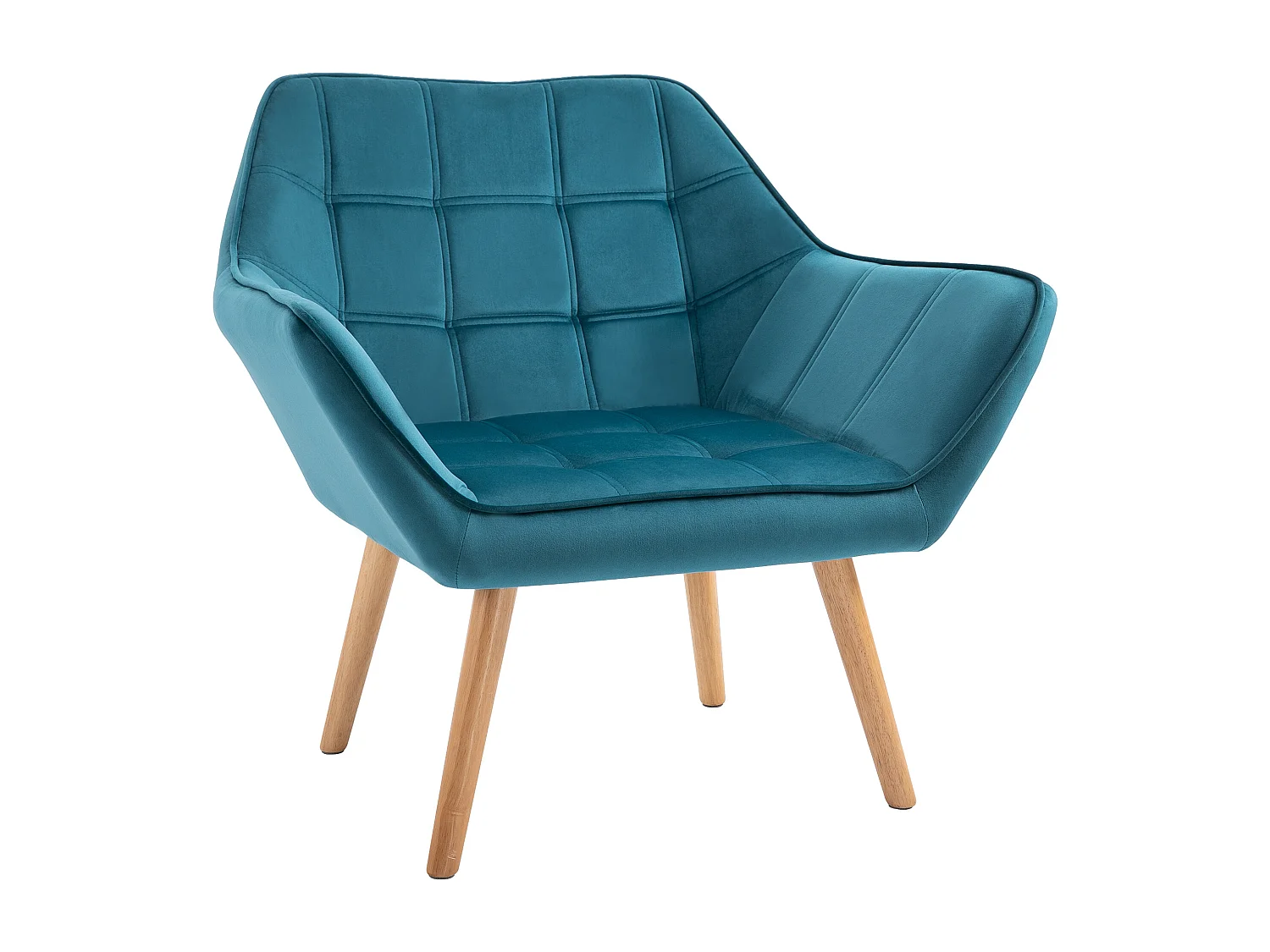 Fauteuil salon design scandinave piètement bois hévéa velours effet capitonné bleu canard
