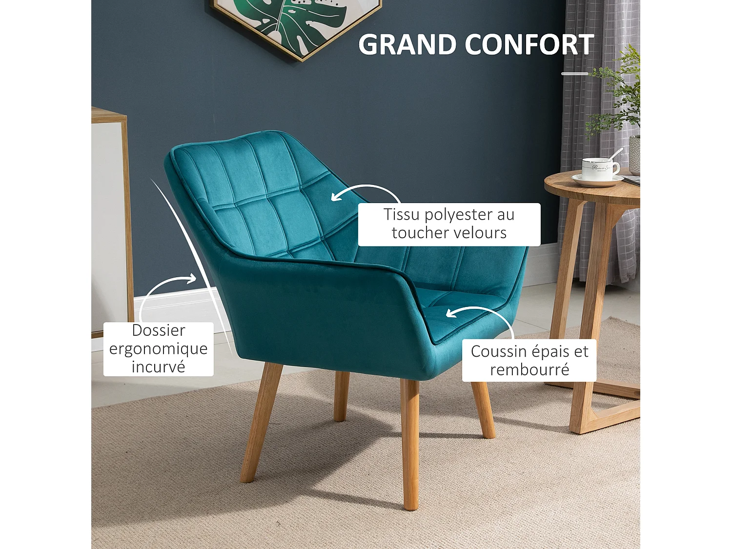 Fauteuil salon design scandinave piètement bois hévéa velours effet capitonné bleu canard