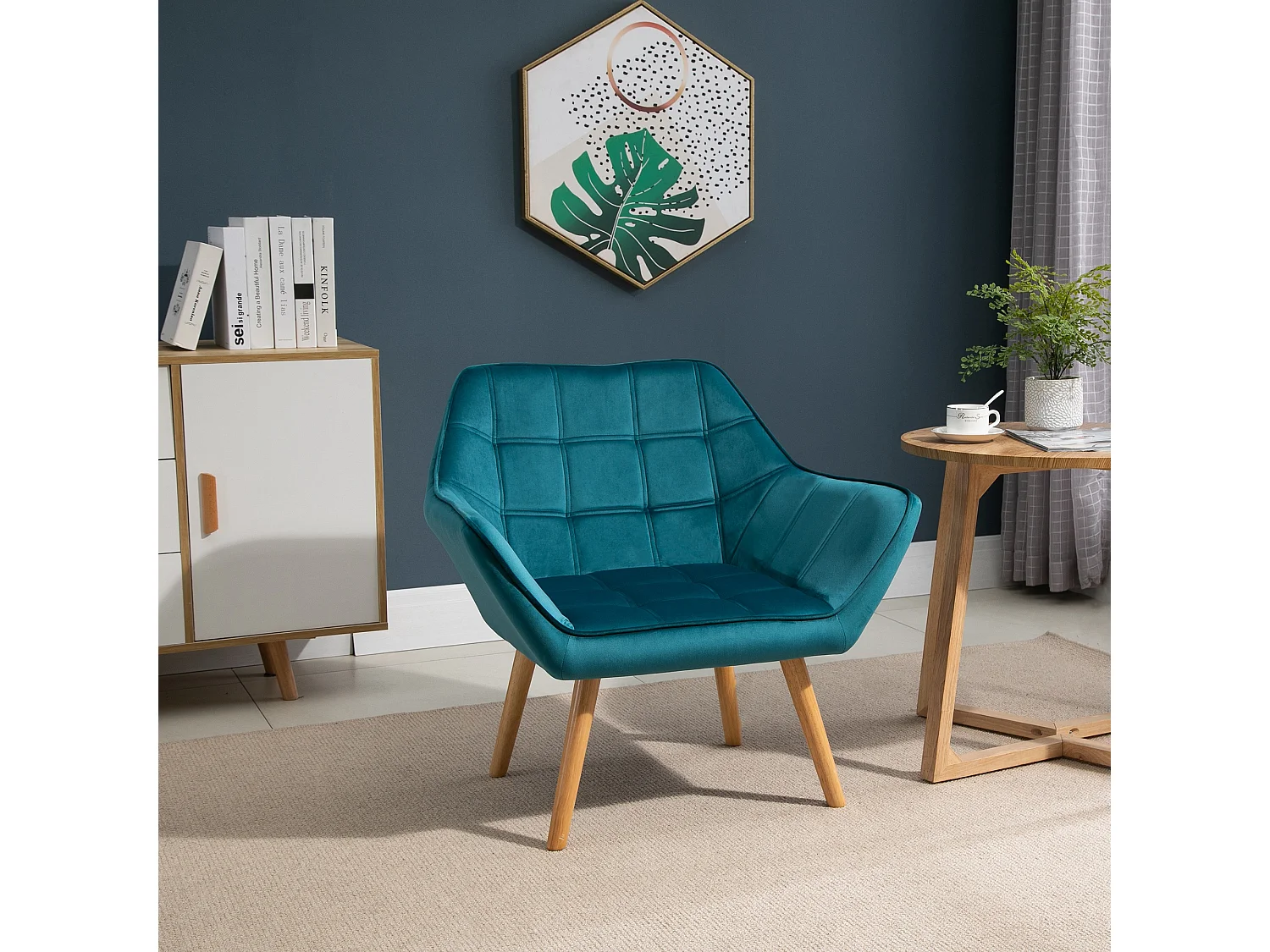 Fauteuil salon design scandinave piètement bois hévéa velours effet capitonné bleu canard