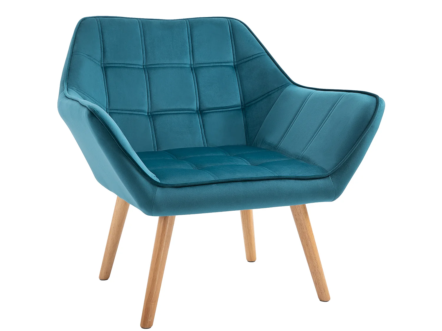Fauteuil salon design scandinave piètement bois hévéa velours effet capitonné bleu canard